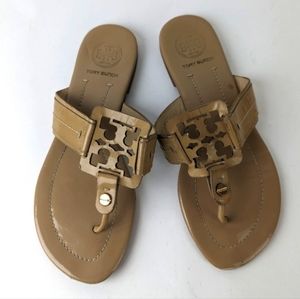 Tory Burch Miller Logo Patent Leather Sandals Vintage Vachetta Tan Brown Size 8